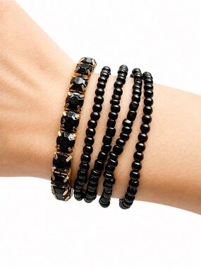 Black Beaded Bracelet Stack + Gold Crystal Bangle Set (5pc)